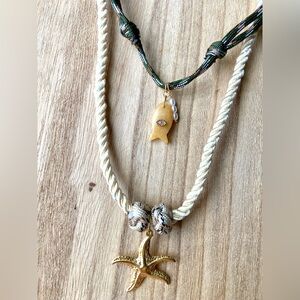 Layered paracord necklaces with Gold Starfish & evel eye fish charms(adjustable)